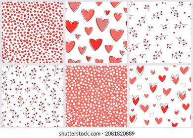 A set of seamless pattern for Valentine's day, birthday, hearts, bows, cherry. Vector graphics.