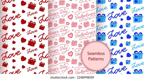 Set seamless pattern Valentines day. Red, blue, pink. Heart, gifts, inscription. Vector illustration. Cute design for cover, books, brochures, templates, banner, fabric for textile, craft and papers.