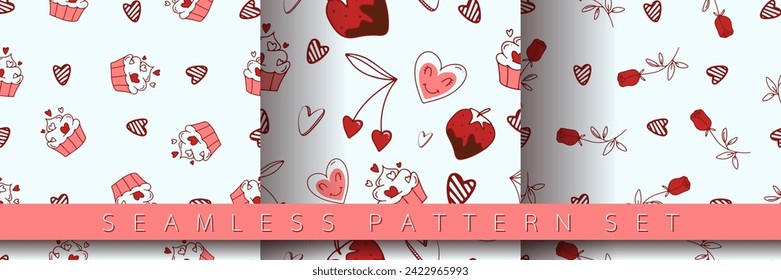 Set of seamless pattern for Valentine's Day with heart and love elements on a white background. Vector doodle theme set, romance for cards, banners, flyers, invitation, blog, wrapping paper, prints.