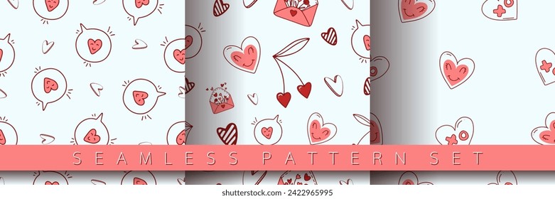 Set of seamless pattern for Valentine's Day with heart and love elements on a white background. Vector doodle theme set, romance for cards, banners, flyers, invitation, blog, wrapping paper, prints.