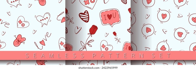 Set of seamless pattern for Valentine's Day with heart and love elements on a white background. Vector doodle theme set, romance for cards, banners, flyers, invitation, blog, wrapping paper, prints.