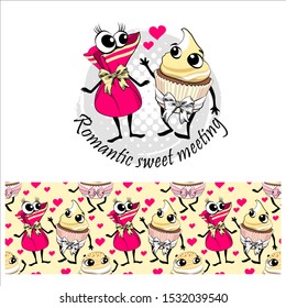 Set of seamless pattern and vector cake and candies. Comic and funny sweet couple with bow. Hand drawn illustration of cartoon dessert. Print on T-shirts, bags and other fashion products. 