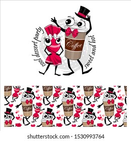 Set of seamless pattern and vector coffee and candy. Comic and funny desserts. Hand drawn illustration of cartoon coffee and candy. Print on T-shirts, bags and other fashion products. 