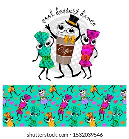Set of seamless pattern and vector coffee and candies. Comic and funny desserts. Hand drawn illustration of cartoon coffee and candy. Print on T-shirts, bags and other fashion products. 