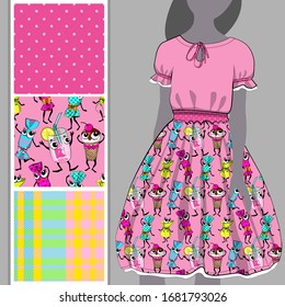 Set of seamless pattern and vector funny sweet company. Sparkling water and candy. Hand drawn illustration of cartoon dessert. Print on T-shirts, bags and other fashion products. 