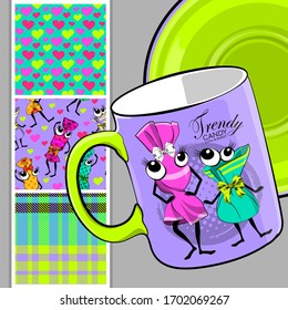 Set of seamless pattern and vector funny sweets. Comic and funny candies with dress. Print on T-shirts, cups and other fashion products. Design clothing and accessories.