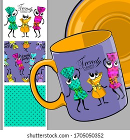 Set of seamless pattern and vector funny sweets. Comic and funny candies with dress. Print on T-shirts, cups and other fashion products. Design clothing and accessories.