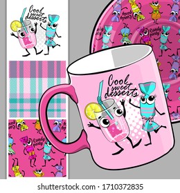 Set of seamless pattern and vector funny sweets. Comic and funny candies with dress. Print on T-shirts, cups and other fashion products. Design clothing and accessories.