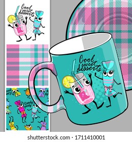 Set of seamless pattern and vector funny sweets. Comic and funny candies with dress. Print on T-shirts, cups and other fashion products. Design clothing and accessories.