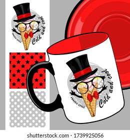 Set of seamless pattern and vector funny ice cream. Comic and funny waffle cone with dress. Print on T-shirts, cups and other fashion products. Design clothing and accessories.