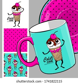 Set of seamless pattern and vector funny ice cream. Comic and funny fashionable waffle cup with  bow and cherry. Print on T-shirts, cups and other fashion products. Design clothing and accessories.