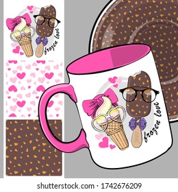 Set of seamless pattern and vector funny ice cream. Comic and funny popsicle and waffle cone with glasses. Print on T-shirts, cups and other fashion products. Design clothing and accessories.