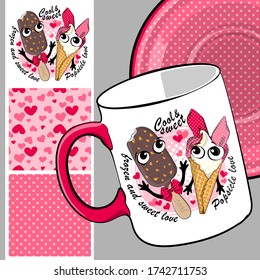 Set of seamless pattern and vector funny ice cream. Comic and funny popsicle and waffle cone with dress. Print on T-shirts, cups and other fashion products. Design clothing and accessories.