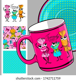 Set of seamless pattern and vector funny sweets. Comic and funny candies with dress. Print on T-shirts, cups and other fashion products. Design clothing and accessories.