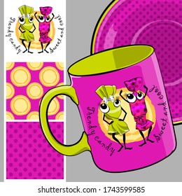 Set of seamless pattern and vector funny sweets. Comic and funny candies with dress. Print on T-shirts, cups and other fashion products. Design clothing and accessories.