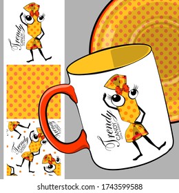 Set of seamless pattern and vector funny sweets. Comic and funny candies with dress. Print on T-shirts, cups and other fashion products. Design clothing and accessories.