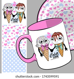 Set of seamless pattern and vector funny ice cream. Comic and funny waffle cones with bows. Print on T-shirts, cups and other fashion products. Design clothing and accessories.