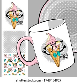 Set of seamless pattern and vector funny ice cream. Comic and funny waffle cone with glasses and bow. Print on T-shirts, cups and other fashion products. Design clothing and accessories.