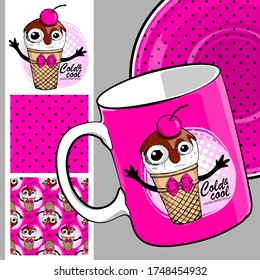 Set of seamless pattern and vector funny ice cream. Comic and funny waffle cone with bow and cherry. Print on T-shirts, cups and other fashion products. Design clothing and accessories.