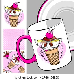 Set of seamless pattern and vector funny ice cream. Comic and funny waffle cone with glasses and cherry. Print on T-shirts, cups and other fashion products. Design clothing and accessories.