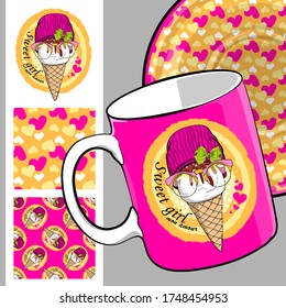 Set of seamless pattern and vector funny ice cream. Comic and funny waffle cone with glasses and hat. Print on T-shirts, cups and other fashion products. Design clothing and accessories.