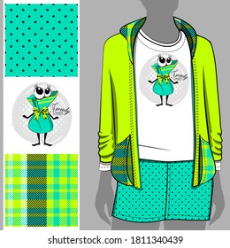 Set of seamless pattern and vector funny candy-girl. Illustration of cartoon dessert. Print on T-shirts, bags and other fashion products. 