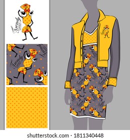 Set of seamless pattern and vector funny candy-girl. Illustration of cartoon dessert. Print on T-shirts, bags and other fashion products. 