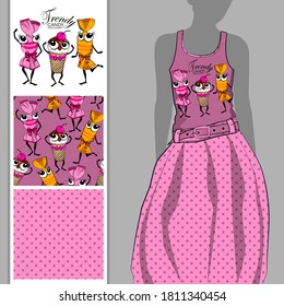 Set of seamless pattern and vector funny sweet company. Ice cream and candy. Hand drawn illustration of cartoon dessert. Print on T-shirts, bags and other fashion products. 