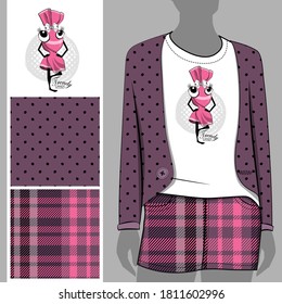 Set of seamless pattern and vector funny candy-girl. Illustration of cartoon dessert. Print on T-shirts, bags and other fashion products. 