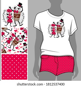 Set of seamless pattern and vector funny sweet company. Paper cup of coffee and candy. Illustration of cartoon dessert. Print on T-shirts, bags and other fashion products. 