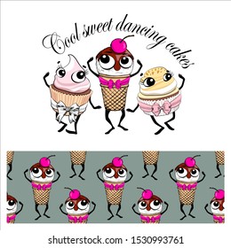 Set of seamless pattern and vector ice cream and cake. Comic and funny sweet dessert with bow. Hand drawn illustration of cartoon ice cream. Print on T-shirts, bags and other fashion products. 