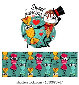 Set of seamless pattern and vector ice cream and candies. Hand drawn illustration of cartoon dessert. Print on T-shirts, bags and other fashion products. 