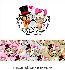 Set of seamless pattern and vector  ice cream. Comic and funny desserts. Hand drawn illustration. Print on T-shirts, bags and other fashion products. 