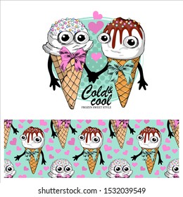 Set of seamless pattern and vector ice cream. Comic and funny sweet dessert with bow. Hand drawn illustration of cartoon ice cream. Print on T-shirts, bags and other fashion products. 