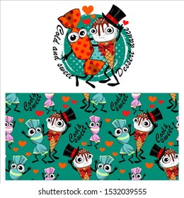 Set of seamless pattern and vector ice cream and candies. Hand drawn illustration of cartoon dessert. Print on T-shirts, bags and other fashion products. 