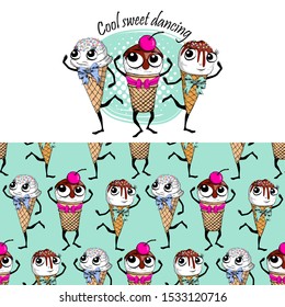 Set of seamless pattern and vector ice cream. Comic and funny sweet dessert with bow. Hand drawn illustration of cartoon ice cream. Print on T-shirts, bags and other fashion products. 
