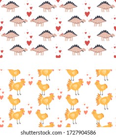 Set seamless pattern. Vector illustration. Nursery cute print with chickens and hearts and with dinosaurs. Happy Valentine's day. 14 February. Yellow, pink, orange.