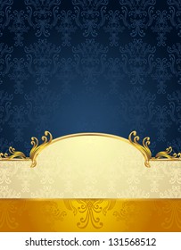 Set Seamless Pattern In Victorian Style Gold And Dark Blue Colors Or Background