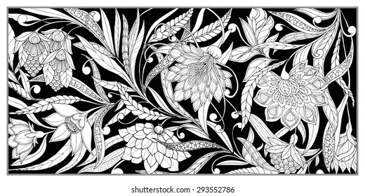 Set Of Seamless Pattern. Vintage Decorative Flowers. Hand Drawn Background. Art Deco, Art Nouveau. Perfect For Printing On Fabric Or Printing On Fabric Or Paper.