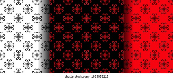 Set seamless pattern, vintage ornament, print for fabric, wallpaper, wrapping paper. Red, black, white repeating background