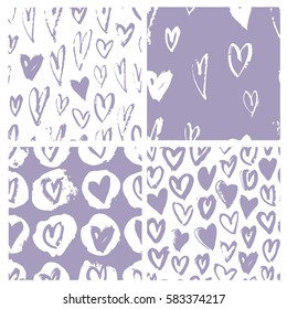 Set of seamless pattern with violet hearts. Hand drawn vector illustration. Decorative elements for design. Creative art work