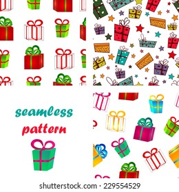 Set of seamless pattern from volume bright red and green gift boxes with bows for birthday, Christmas or New Year