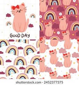 conjunto de patrón sin costuras y Paquete de Fondo de pantalla, colección de patrón de dibujos animados de gato y arco iris. colección de Fondo de pantalla lindo para papel de regalo, impresión de tela