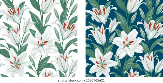 Set of seamless pattern with white lily flowers, leaves and buds isolated on white or blue background. Wallpaper with lilies. Cute floral botanical decoration. Vector illustration