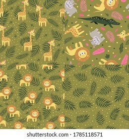 Set of seamless pattern of wild exotic animals living in savannah or tropical jungle. Vector bright illustration for kids isolated on green background.