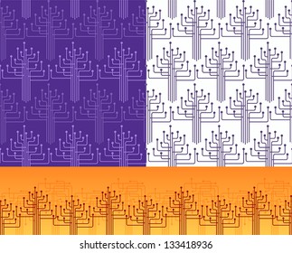 a set of seamless patterned backgrounds and a border with stylized trees in different colors