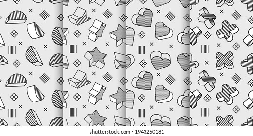 Set of Seamless patterns with 3d graphic elements in pop art style, You can use this as a wallpaper in a children's room, Vector illustration