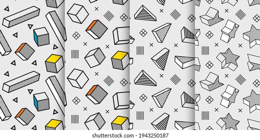 Set of Seamless patterns with 3d graphic elements in pop art style, You can use this as a wallpaper in a children's room, Vector illustration