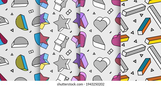 Set of Seamless patterns with 3d graphic elements in pop art style, You can use this as a wallpaper in a children's room, Vector illustration