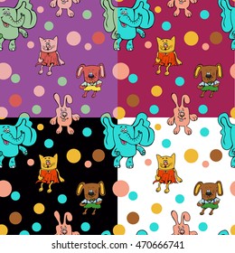 set of seamless patterns of 4 to 1. The funny animals, elephant, cat, dog, rabbit. colored animals in black, white, purple, lilac backgrounds